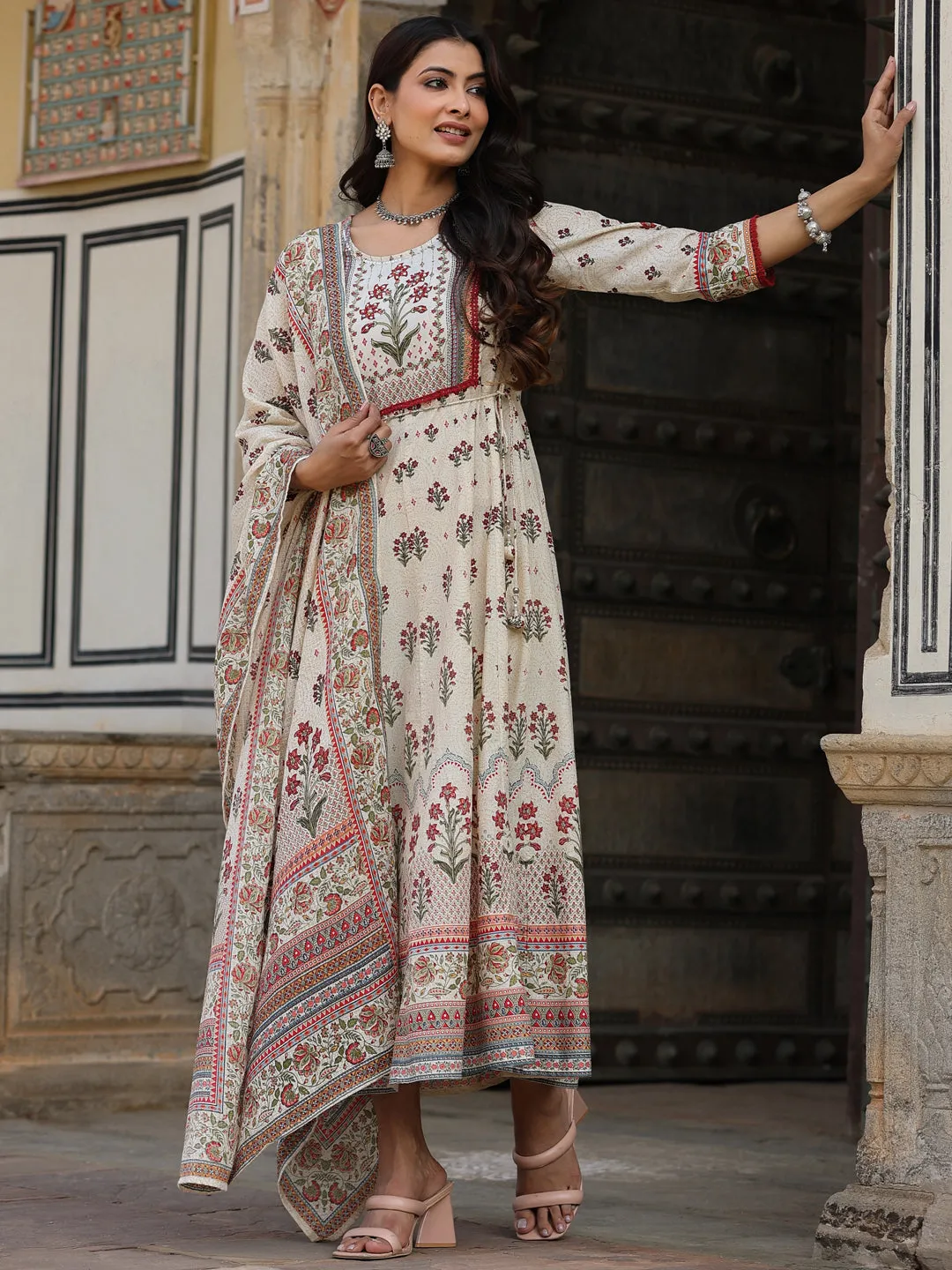 Beige Cambric Printed Flared Clothing Set