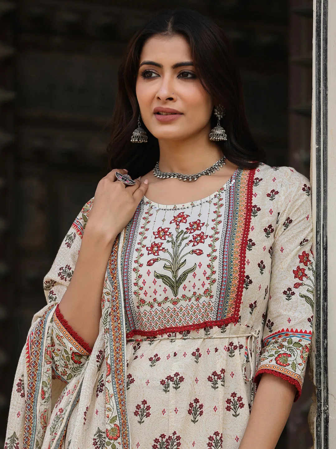 Beige Cambric Printed Flared Clothing Set