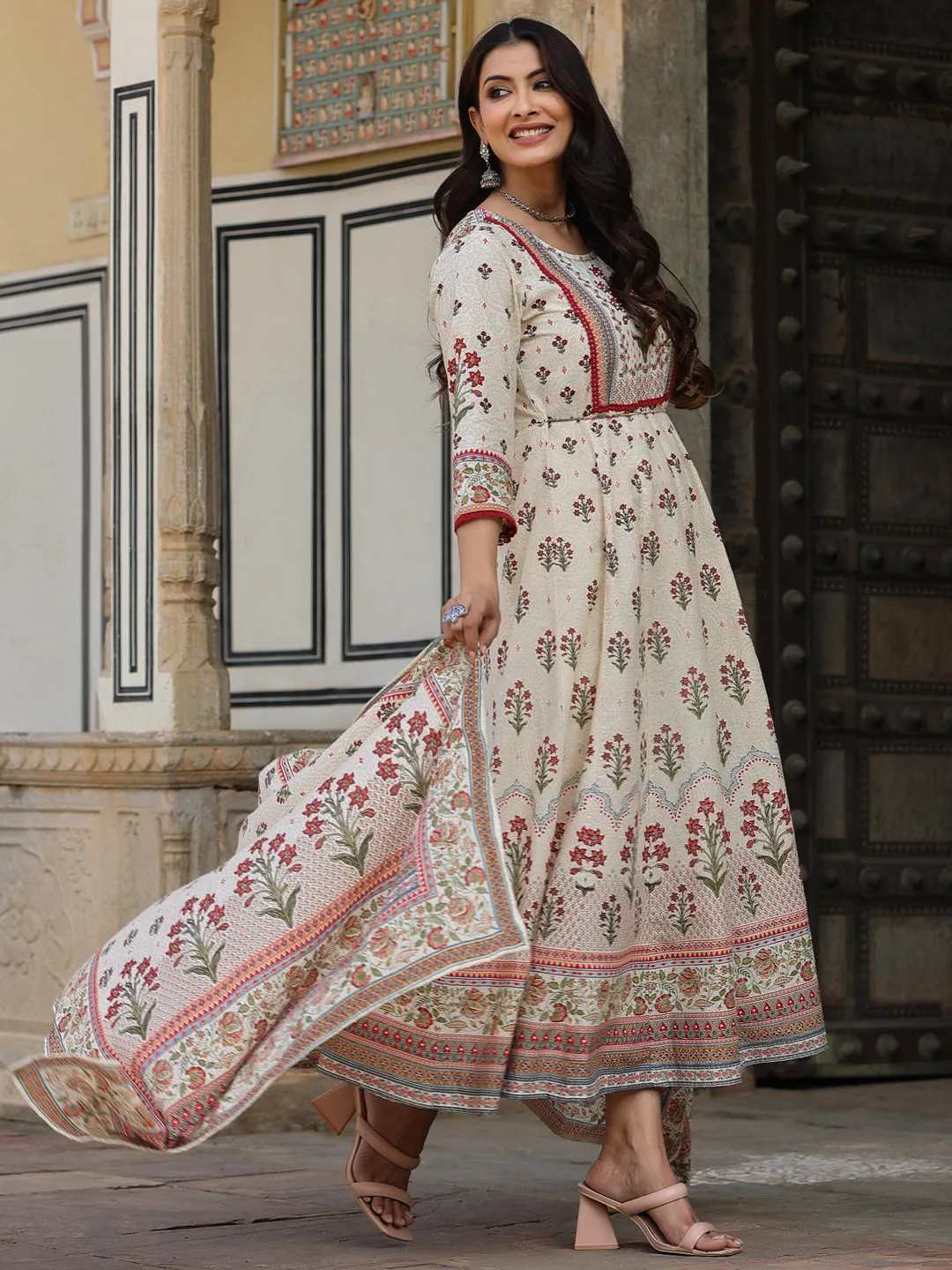 Beige Cambric Printed Flared Clothing Set