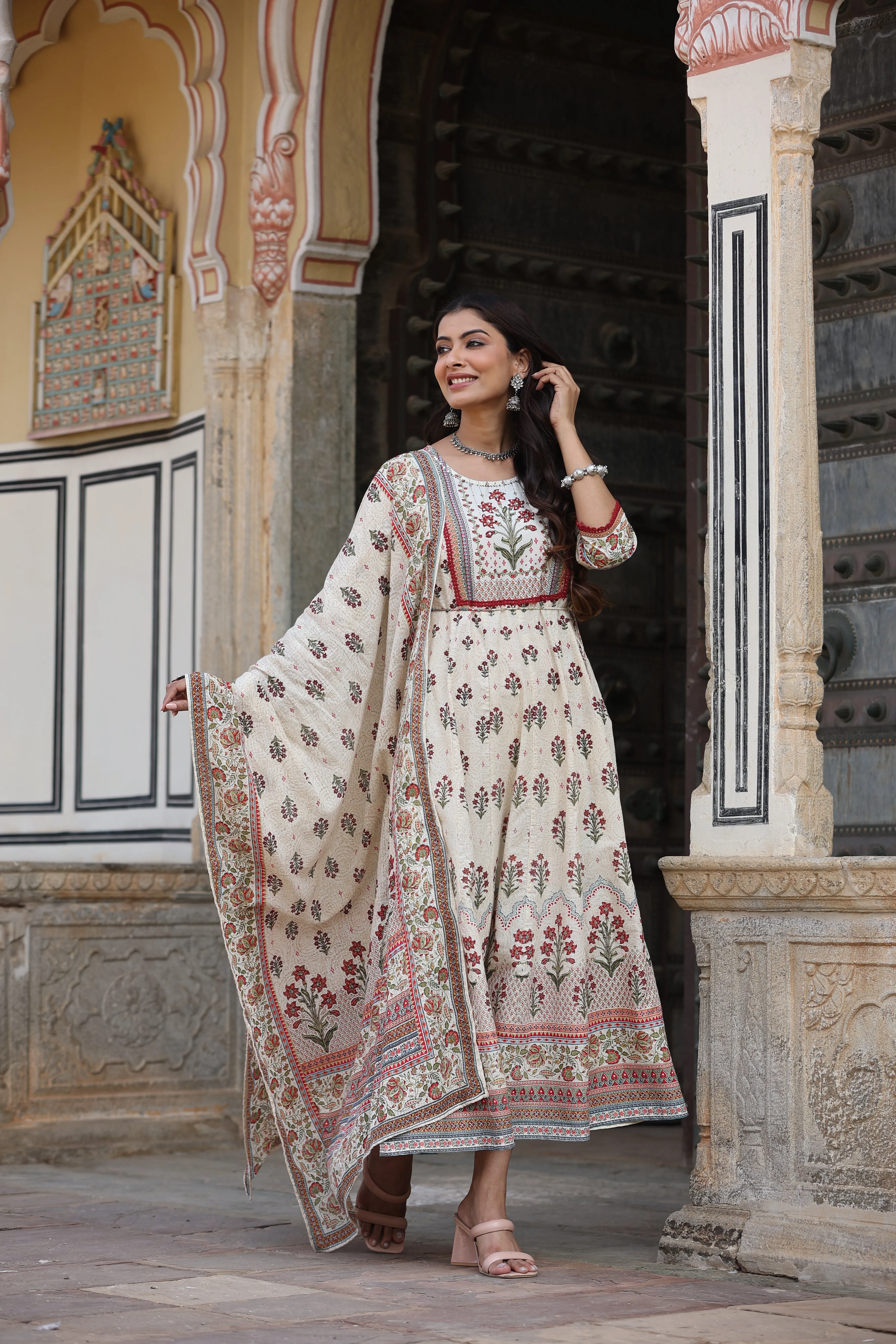 Beige Cambric Printed Flared Clothing Set