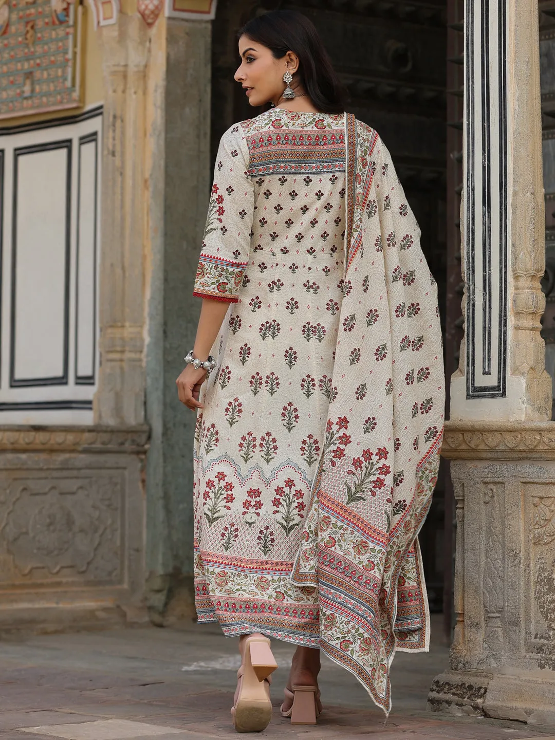 Beige Cambric Printed Flared Clothing Set