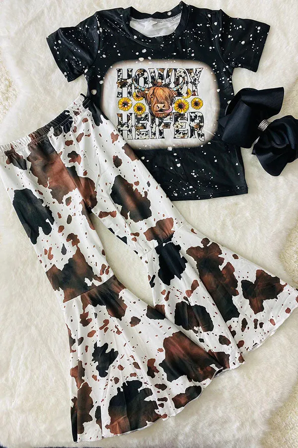 DLH2636 HOWDY HEIFER black short sleeve top cow bell bottom girls outfit sets