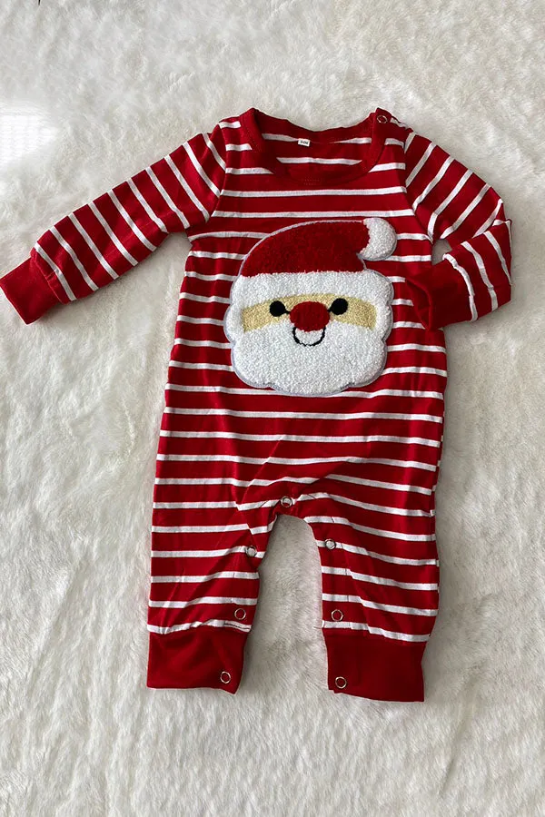 DLH2824 Christmas red white striped & santa patch long sleeve baby romper