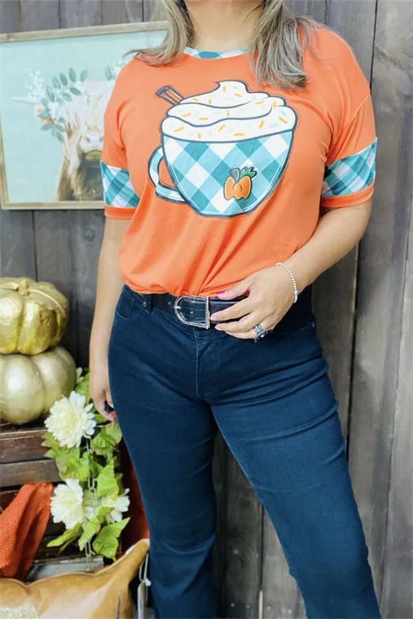 DLH9899 Orange pumpkin spice latte printed women t-shirt
