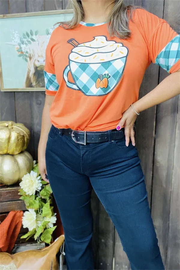 DLH9899 Orange pumpkin spice latte printed women t-shirt