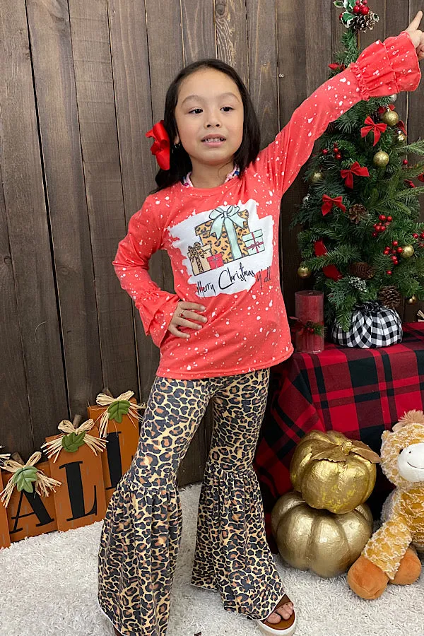 Merry Christmas y'all coral leopard printed girl set DLH0923-18