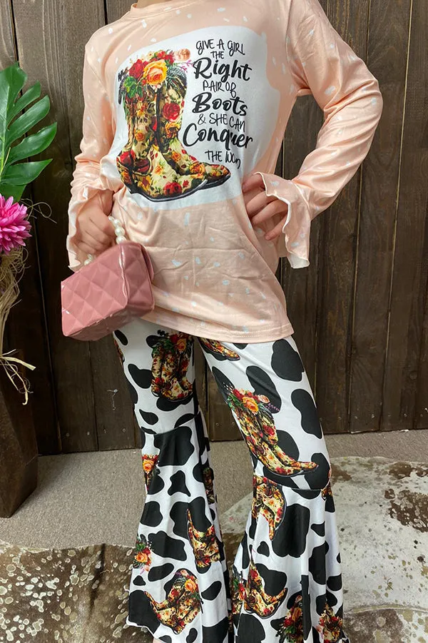 Western boots printed pink long sleeve top & bell bottom 2pc girls sets DLH2695