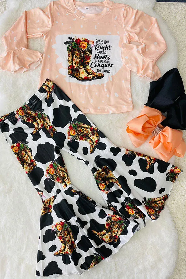 Western boots printed pink long sleeve top & bell bottom 2pc girls sets DLH2695