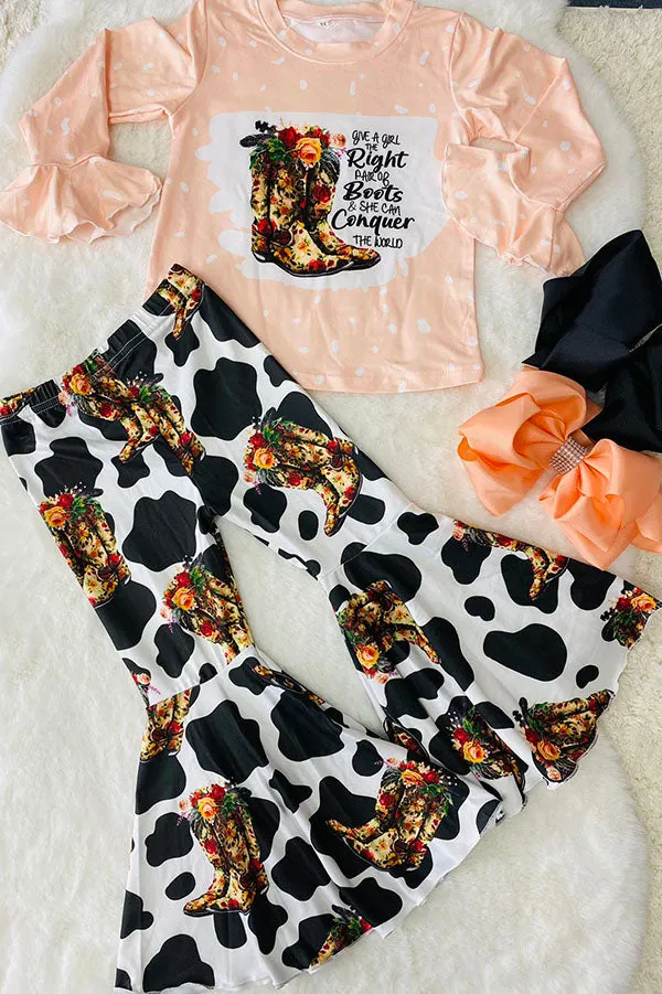 Western boots printed pink long sleeve top & bell bottom 2pc girls sets DLH2695
